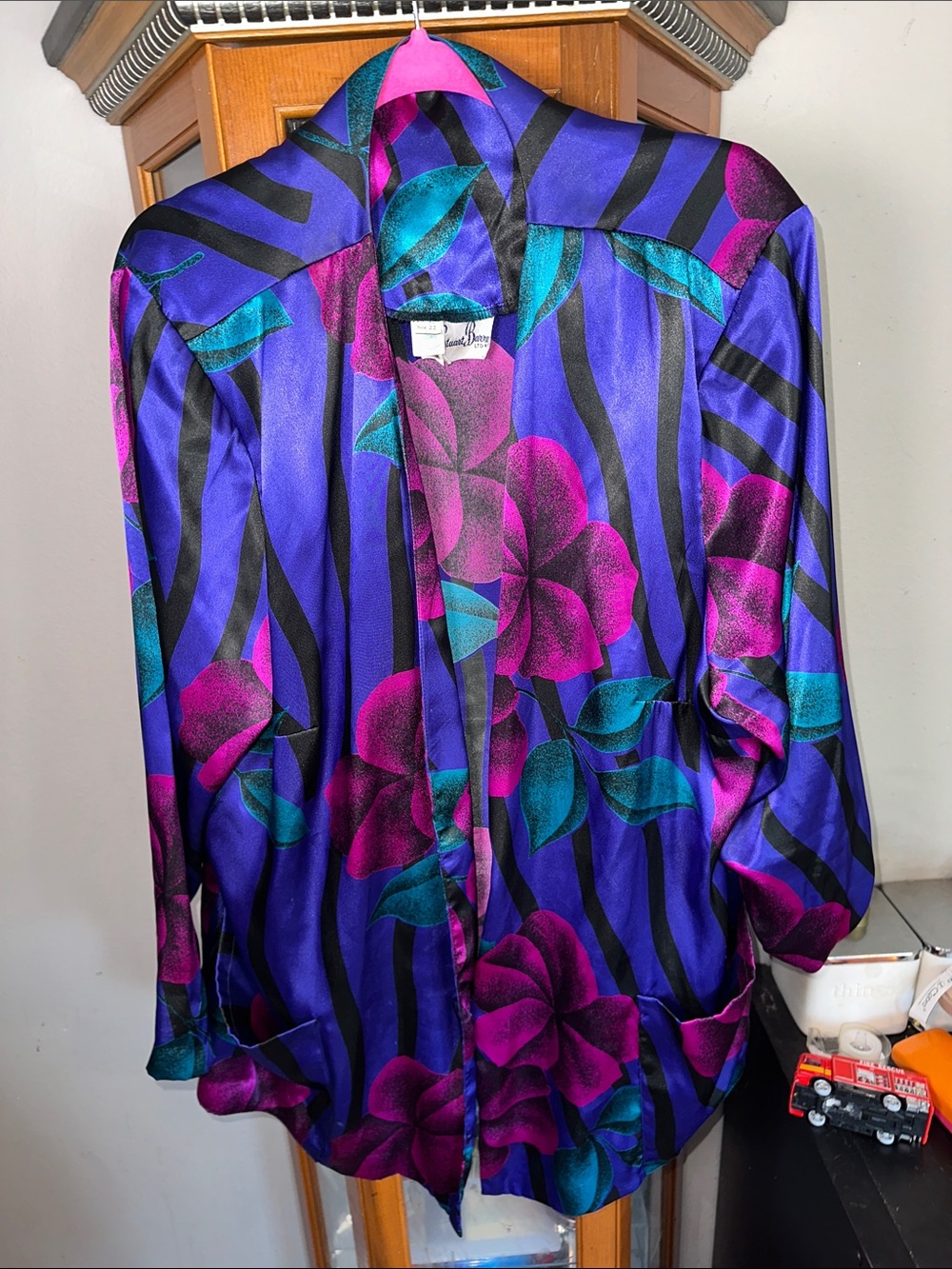 Vintage Stuart Barry Satin Floral Open-Front Cardigan  - Purple & Pink